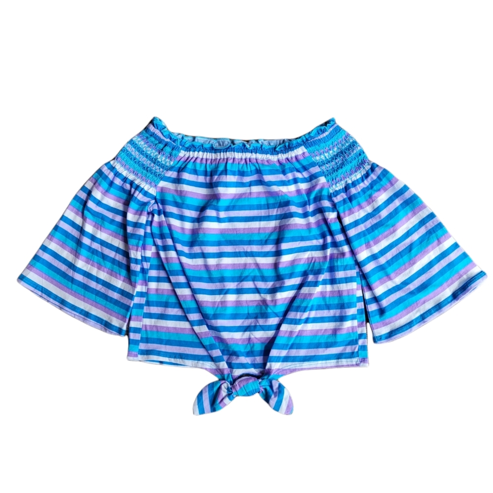 CLOUD CHASER Off The Shoulder Striped Smocked Tie Front Top Girl